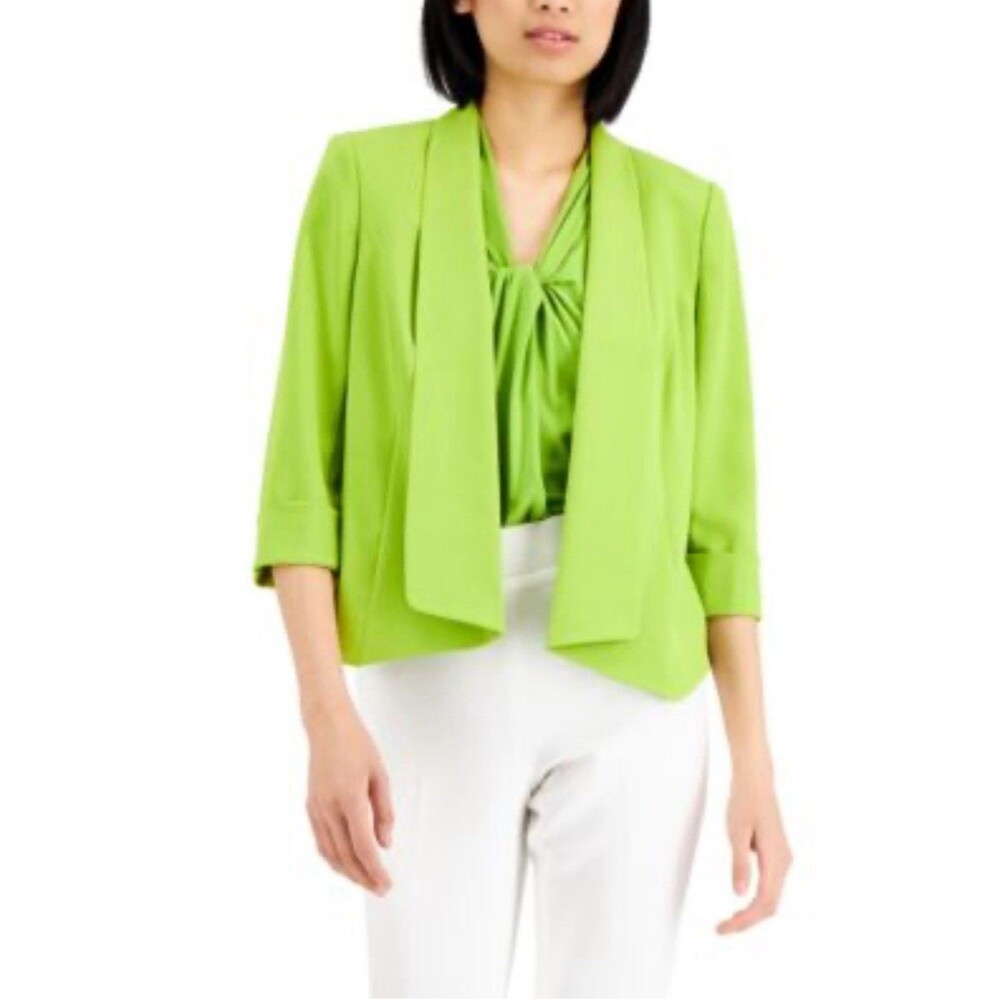 Kasper Women Blazer Shawl Collar Open Front Green Career Jacket 3/4 Sleeves